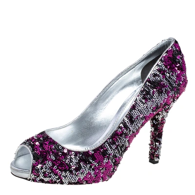 Pre-owned Dolce & Gabbana Pink/silver Sequins Peep Toe Pumps Size 39