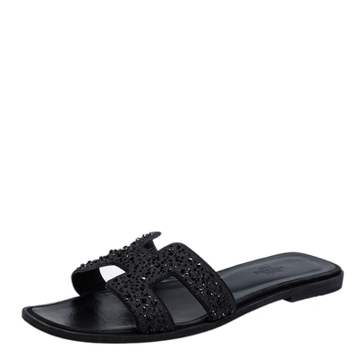 Pre-owned Hermes Black Crystal Embellished Suede Oran Sandals Size 39.5
