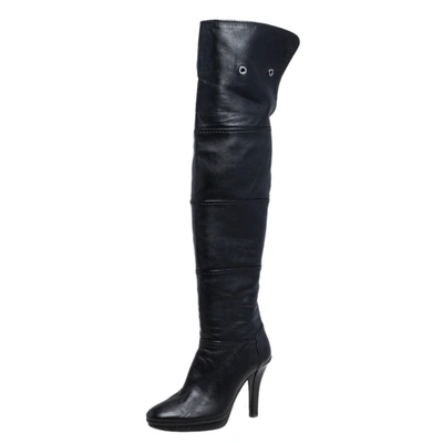 Pre-owned Tod's Black Leather Platform Over The Knee Boots Size 39.5