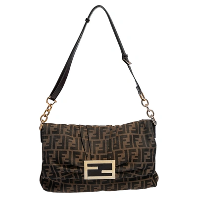 Pre-owned Fendi Tobacco Zucca Canvas And Patent Leather Mia Flap Shoulder Bag In Brown