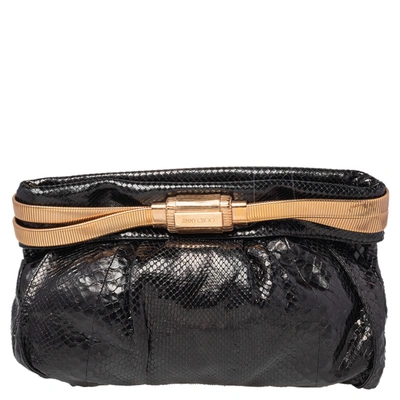 Pre-owned Jimmy Choo Python Oversized Top Zip Clutch In Black
