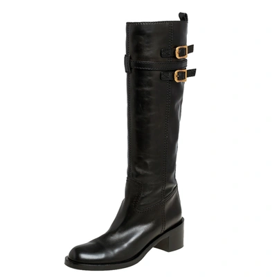 Pre-owned Gucci Black Leather Buckle Riding Knee Length Boots Size 38.5