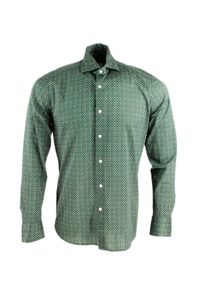 Sonrisa Luxury Shirt In Soft, Precious And Very Fine Stretch Cotton Flower With French Collar In Two-tone Pa In Green