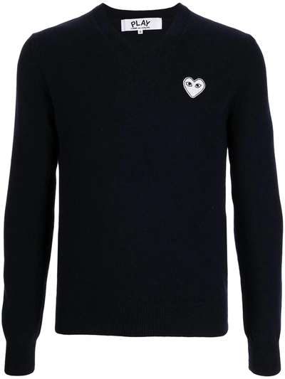 Comme Des Garçons Play Heart-patch V-neck Wool Jumper In 蓝色