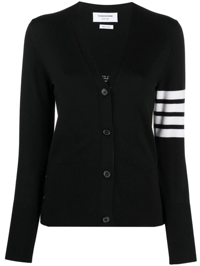 Thom Browne V-neck Merino Wool Cardigan With Distinctive Stripes In Black