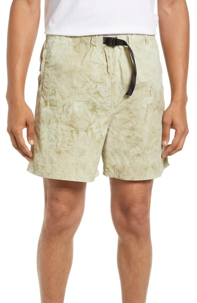 John Elliott Belted Tie-dyed Crinkled-shell Shorts In Moss