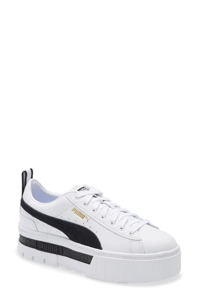 Puma Mayze Leather Platform Trainer In  White/  Black