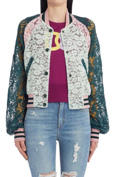 Dolce & Gabbana Colorblock Lace Bomber Jacket In Light Green