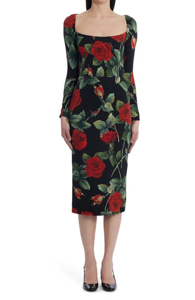 Dolce & Gabbana Floral-print Stretch-silk Midi Dress In Nero