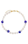 ADINAS JEWELS FRESHWATER PEARL EVIL EYE STATION ANKLET,A60890WHT-874