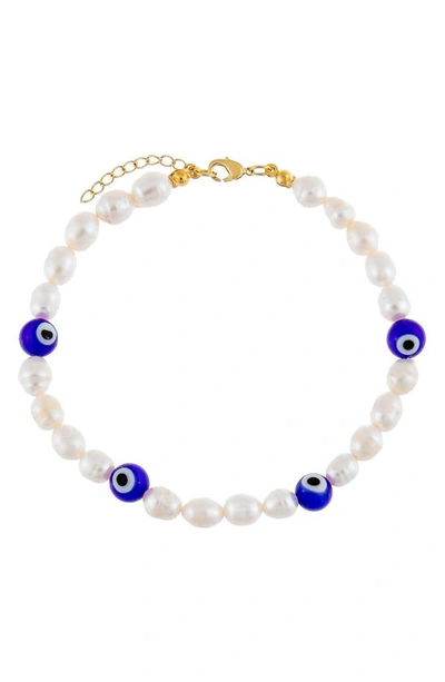 Adinas Jewels Freshwater Pearl Evil Eye Station Anklet In White