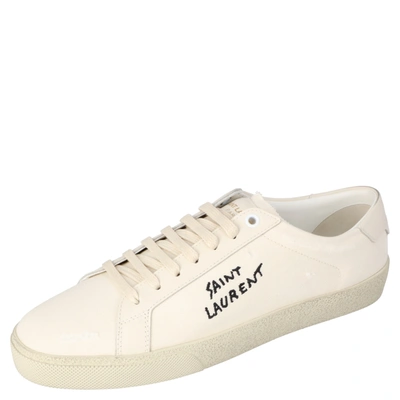 Pre-owned Saint Laurent White Fabric Leather Court Classic Sl/06 Embroidered Sneakers Eu 36.5