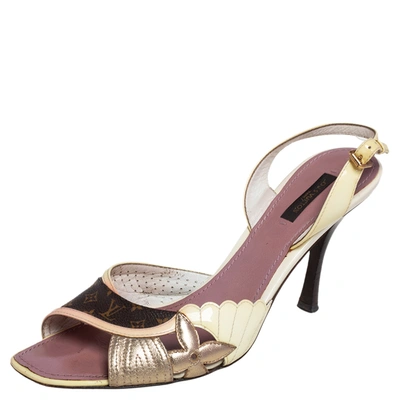 Pre-owned Louis Vuitton Cream/brown Monogram Canvas And Patent Leather Lasercut Slingback Sandals Size 40