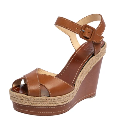 Pre-owned Christian Louboutin Brown Leather Almeria Wedge Sandals Size 38
