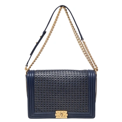 Pre-owned Chanel Blue/gold Woven Leather Large Boy Flap Bag