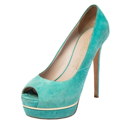 Pre-owned Le Silla Green Suede Peep Toe Platform Pumps Size 40