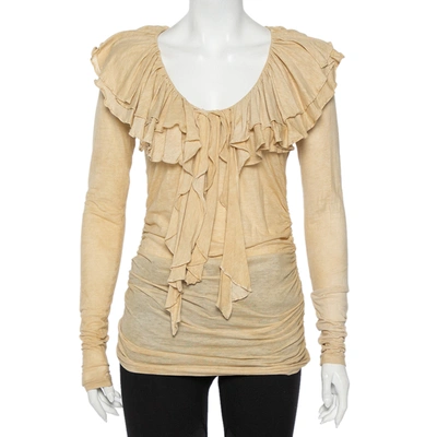 Pre-owned Ralph Lauren Beige Cool Dye Effect Cotton Knit Ruffle Detail Ruched Top S