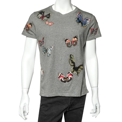Pre-owned Valentino Grey Cotton Butterfly Patch Detail Crewneck T-shirt S