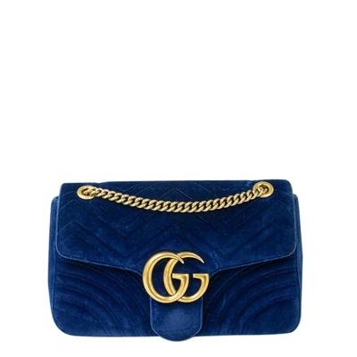 Pre-owned Gucci Blue Velvet Gg Marmont Shoulder Bag