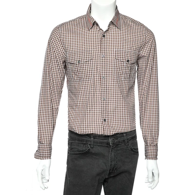 Pre-owned Gucci Brown Checkered Cotton Patch Pocket Detail Slim Fit Shirt M