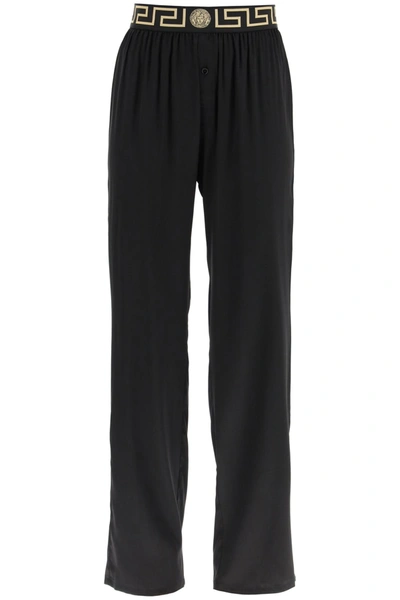 Versace Silk Satin Pyjama Trousers With Greca Band In Black,gold