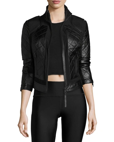 BLANC NOIR QUILTED LEATHER & MESH MOTO JACKET,PROD158080004