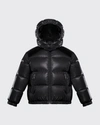 MONCLER GIRL'S CHOUELLE LAQUE LOGO QUILTED HOODED PUFFER JACKET,PROD167700011