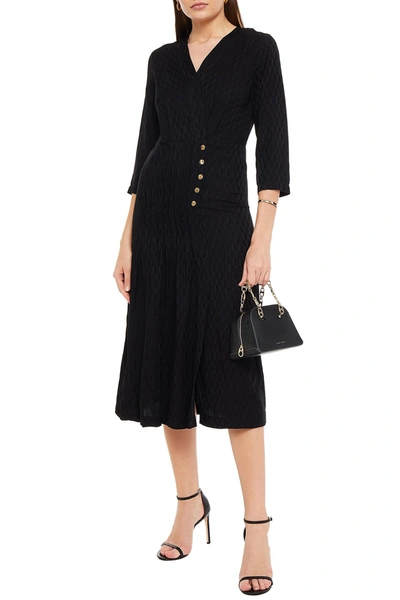 Sandro Anaya Pintucked Satin-jacquard Midi Dress In Black