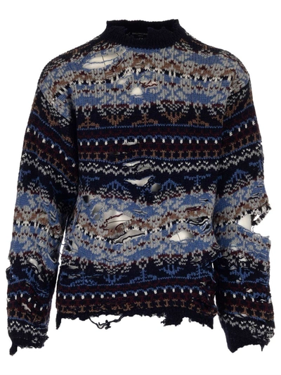 Balenciaga Destroyed Fair Isle Virgin Wool Sweater In Blue