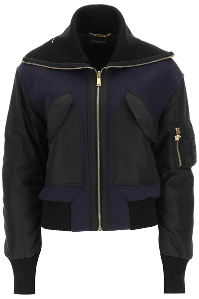 Versace Dual-material Bomber Jacket With Logo In Blue,black