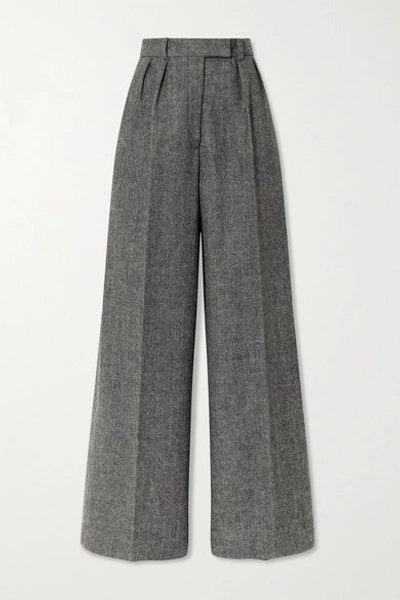 Khaite Teyana Pleated Herringbone Wool-tweed Wide-leg Trousers In Grey
