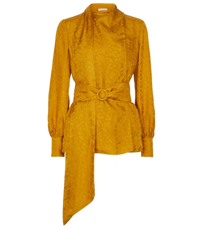 Erdem Willia Belted Satin-jacquard Blouse In Yellow