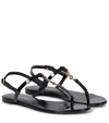 Saint Laurent Black Cassandra Flat Sandals In Crocodile-embossed Leather With Gold-tone Monogram In Black