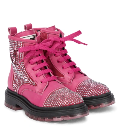 Monnalisa Kids' Embellished Leather Boots In Pink