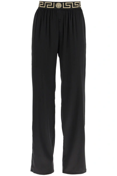 Versace Silk Satin Pajama Trousers With Greca Band In Black,gold