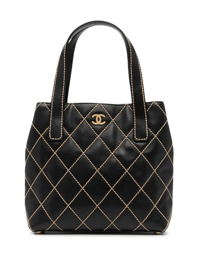 Pre-owned Chanel Cc Logo宽格绗缝托特包 In 黑色