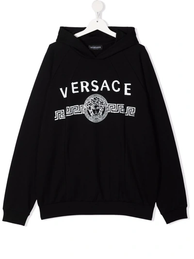 Versace Teen Logo Long-sleeve Hoodie In 黑色