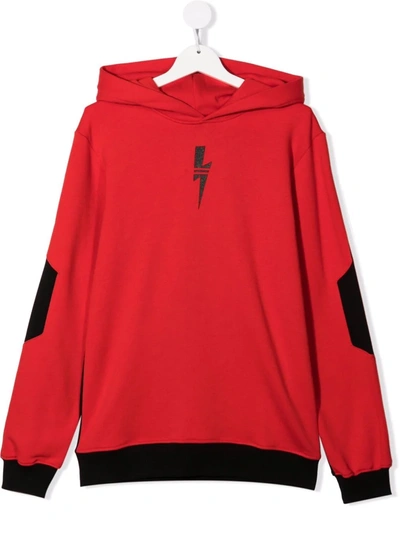 Neil Barrett Teen Thunderbolt Print Colour Block Hoodie In Red