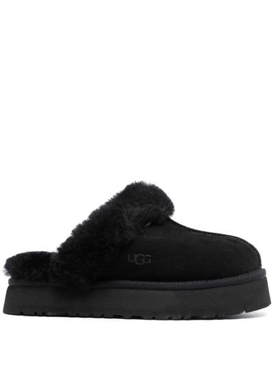 Ugg Disquette Suede & Shearling Platform Slippers In Black