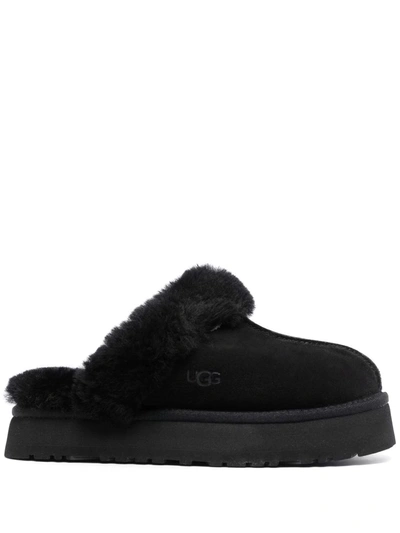 Ugg Disquette Black Suede Flatform Slippers