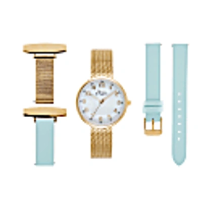 Bermuda Watch Company Venus Interchangeable/mother Of Pearl/gold Mesh/blue Leather