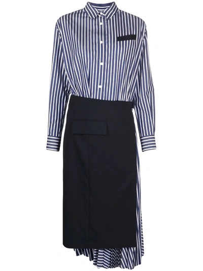 Sacai Layered Pleated Striped Cotton And Crepe Midi Wrap Dress In Navy Stripe