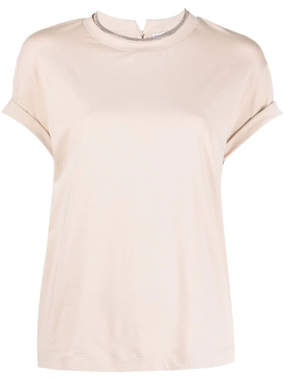 Brunello Cucinelli Constrast-trim Fitted T-shirt In Nude