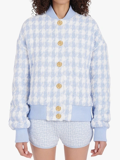 Balmain Houndstooth Cotton-blend Tweed Bomber Jacket In Blue