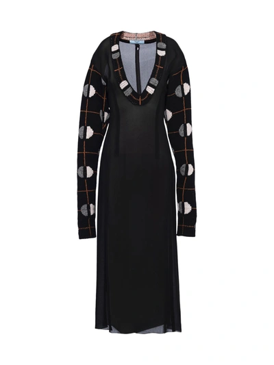 Prada Jaquard Detail Midi Dress - Atterley In Black