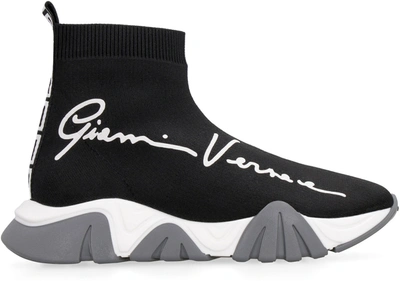 Versace Logo Print Knit Sock Slip-on Sneakers In Black