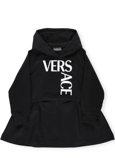 Versace Kids Logo Printed Hoodie Dress In Black