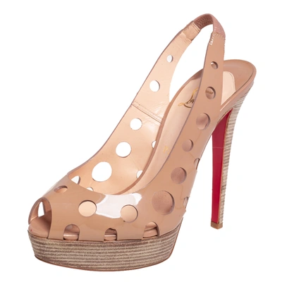 Pre-owned Christian Louboutin Beige Patent Leather Ginza Platform Slingback Sandals Size 38