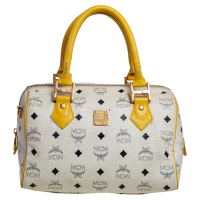 Pre-owned Mcm White/yellow Visetos Leather Small Heritage Boston Bag