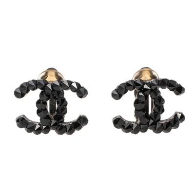 Pre-owned Chanel Gunmetal Tone Spike Crystal Cc Stud Earrings In Black